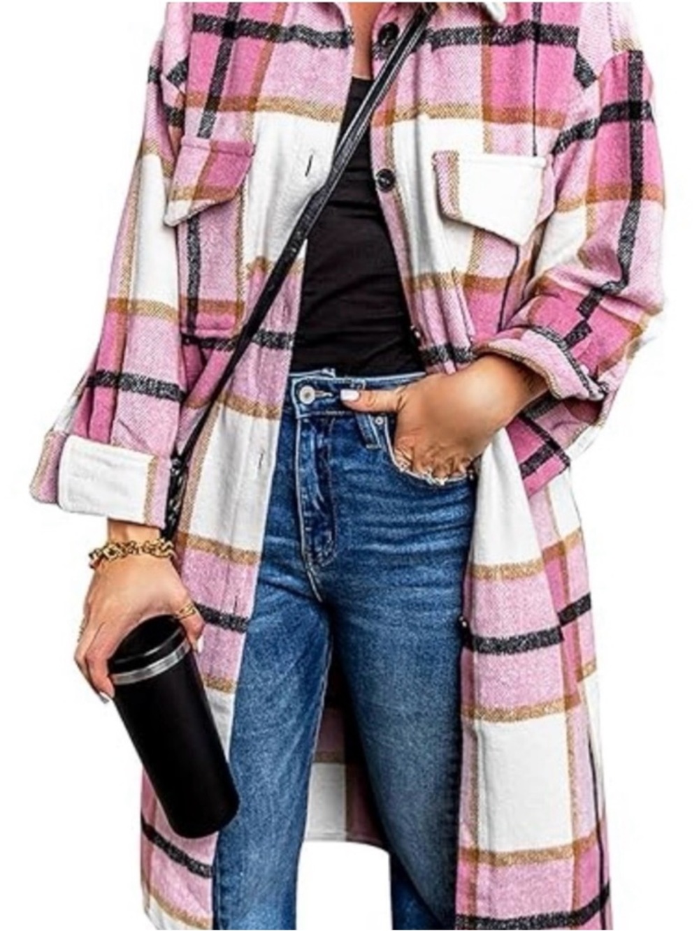 Plaid Pink and Cream Women's Oversized Long Shacket Jacket (size Small)